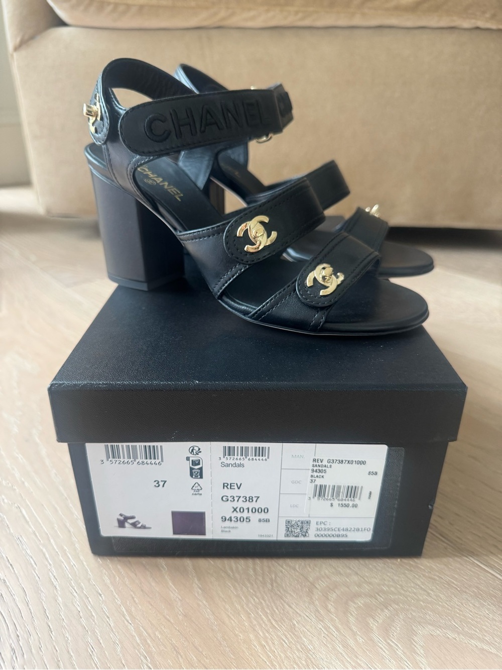 CHANEL Black Leather Block Heel Sandals with Gold CC Logos - Picture 2 of 8